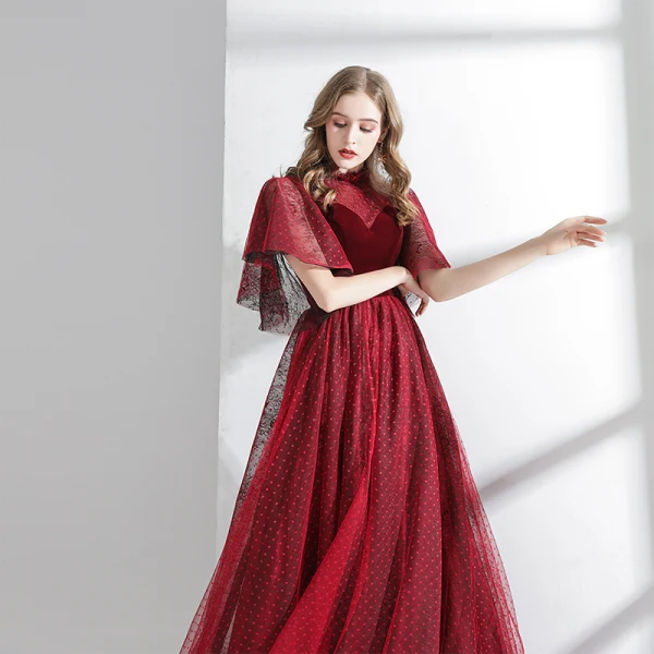 Elegant Burgundy Evening Dresses  2020 A-Line / Princess Suede High Neck Spotted Short Sleeve Backless Floor-Length / Long Formal Dresses