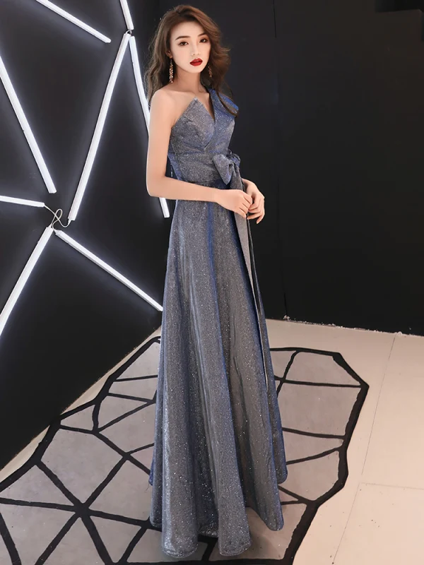 Glitzernden Marineblau Glanz Abendkleider 2020 A Linie One-Shoulder Schleife Ärmellos Rückenfreies Lange Festliche Kleider
