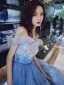 Chic / Beautiful Pool Blue Glitter Evening Dresses  2020 A-Line / Princess Off-The-Shoulder Sequins Sleeveless Backless Cascading Ruffles Floor-Length / Long Formal Dresses