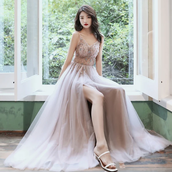 Mode Nues Robe De Bal 2020 Princesse Bretelles Spaghetti Perlage Faux Diamant Paillettes Sans Manches Dos Nu Fendue devant Longue Robe De Ceremonie