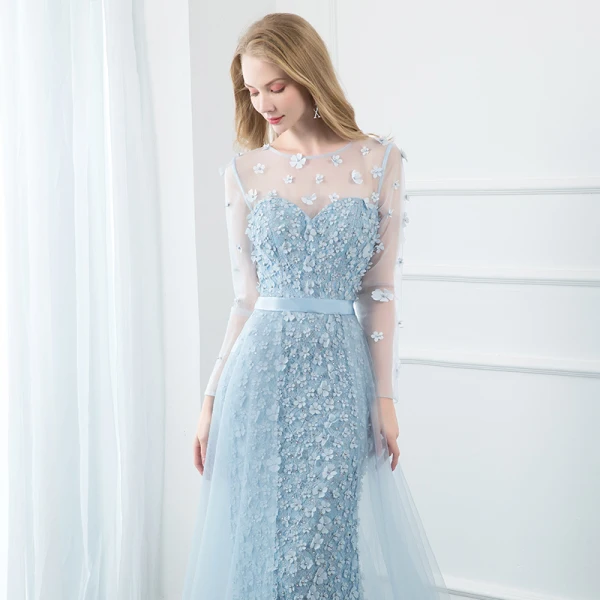 Fabuleux Bleu Ciel Robe De Soirée 2020 Trompette / Sirène Encolure Dégagée Perle Faux Diamant En Dentelle Fleur Appliques Manches Longues Longue Robe De Ceremonie