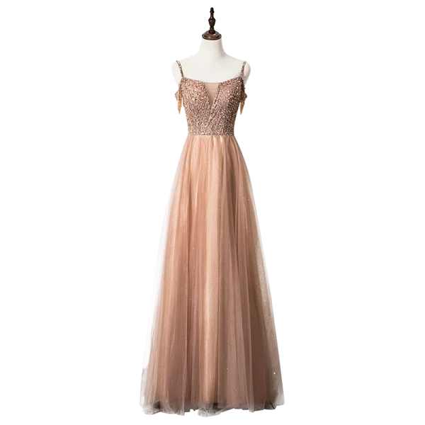Charmant Champagne Robe De Soirée 2020 Princesse Bretelles Spaghetti Perlage Perle Paillettes Sans Manches Dos Nu Longue Robe De Ceremonie