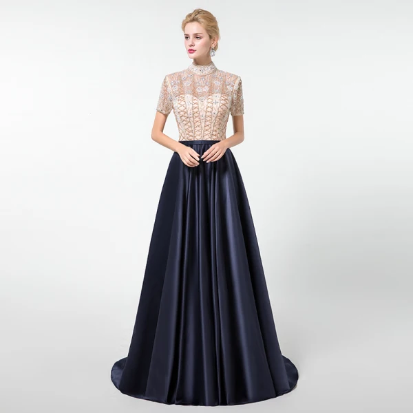 Vintage / Originale Bleu Marine Fait main Perlage Robe De Soirée 2020 Princesse Col Haut Faux Diamant Cristal Paillettes Manches Courtes Longue Robe De Ceremonie