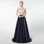 Vintage / Originale Bleu Marine Fait main Perlage Robe De Soirée 2020 Princesse Col Haut Faux Diamant Cristal Paillettes Manches Courtes Longue Robe De Ceremonie