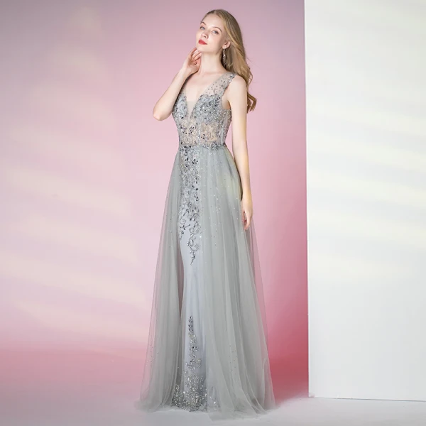 Charmant Gris Robe De Soirée 2020 Trompette / Sirène Col v profond Perlage Cristal Faux Diamant Paillettes Sans Manches Dos Nu Longue Robe De Ceremonie