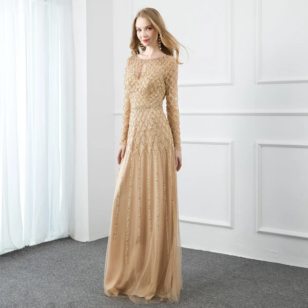 High-end Gold Handmade Evening Dresses 2020 A-Line / Princess Scoop Neck Beading Pearl Sequins Long Sleeve Floor-Length / Long Formal Dresses