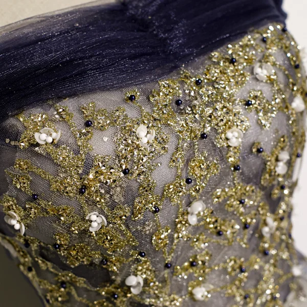 Fashion Purple Gold Glitter Evening Dresses 2020 A-Line / Princess Off-The-Shoulder Beading Rhinestone Pearl Sequins Sleeveless Backless Floor-Length / Long Formal Dresses