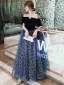 Charmant Marineblau Star Abendkleider 2020 A Linie Wildleder Off Shoulder Schleife Kurze Ärmel Rückenfreies Lange Festliche Kleider