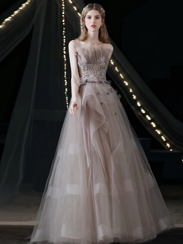 Charming Purple Prom Dresses 2021 A-Line / Princess Ruffle Strapless Beading Sleeveless Backless Floor-Length / Long Formal Dresses