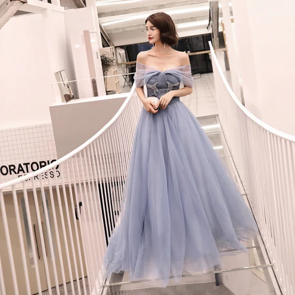 Élégant Gris Bleu Ciel Robe De Soirée 2018 Princesse Faux Diamant De l'épaule Dos Nu Sans Manches Tribunal Train Robe De Ceremonie