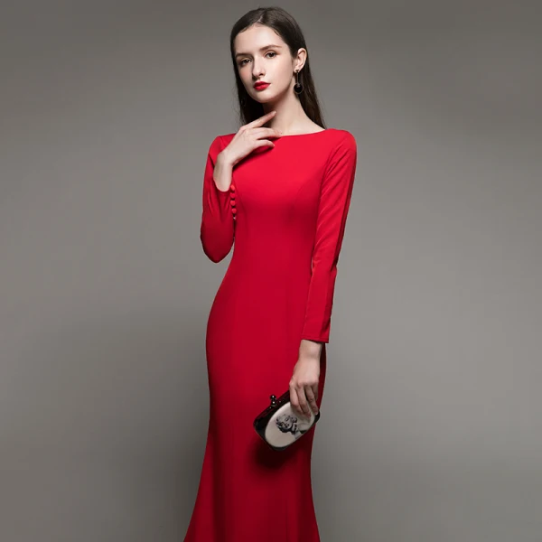 Chic Couleur Unie Rouge Robe De Soirée 2020 Trompette / Sirène Encolure Carrée Manches Longues Dos Nu Train De Balayage Robe De Ceremonie