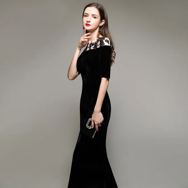 Elegant Modest / Simple Black Evening Dresses 2020 Trumpet / Mermaid Suede Scoop Neck Lace Flower 1/2 Sleeves Sweep Train Formal Dresses