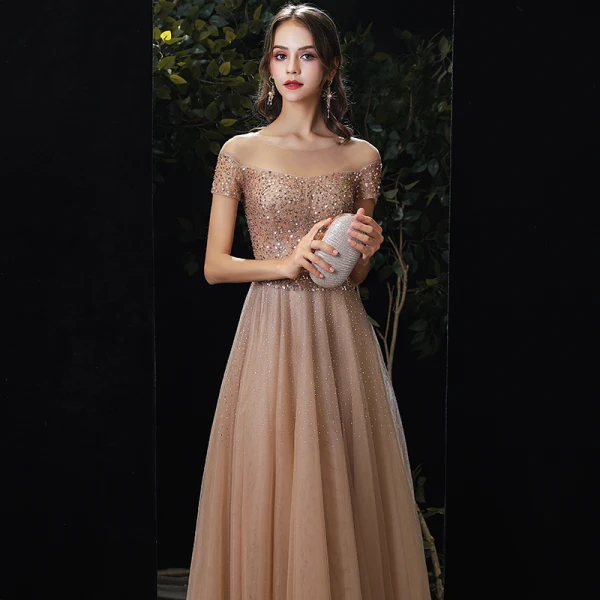 Charming Gold Evening Dresses  2020 A-Line / Princess Scoop Neck Beading Sequins Sash Short Sleeve Floor-Length / Long Formal Dresses