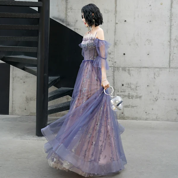 Fashion Purple Evening Dresses  2020 A-Line / Princess Spaghetti Straps Beading Sequins Lace Flower Short Sleeve Backless Floor-Length / Long Formal Dresses