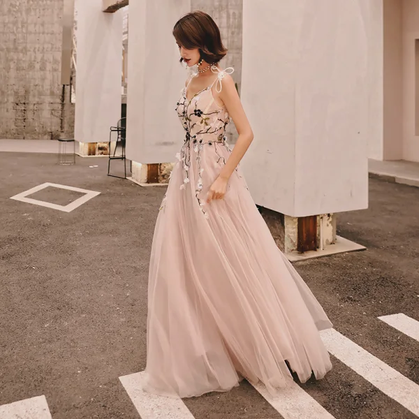 Chic / Beautiful Blushing Pink Summer Evening Dresses  2018 A-Line / Princess Appliques Bow Spaghetti Straps Backless Sleeveless Floor-Length / Long Formal Dresses