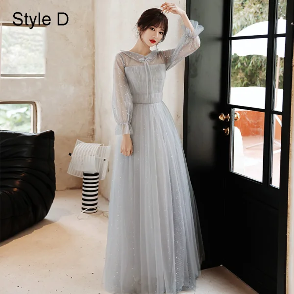 Modern / Fashion Grey Bridesmaid Dresses 2021 A-Line / Princess Scoop Neck Sequins 3/4 Sleeve Backless Floor-Length / Long Wedding Party Dresses