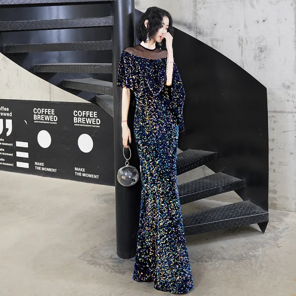 Scintillantes Multi-Couleurs Robe De Soirée 2020 Trompette / Sirène Paillettes Encolure Dégagée 3/4 Manches Longue Robe De Ceremonie