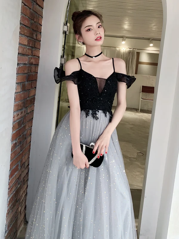 Fashion Grey Star Sequins Evening Dresses  2020 A-Line / Princess Spaghetti Straps Lace Flower Sleeveless Backless Floor-Length / Long Formal Dresses