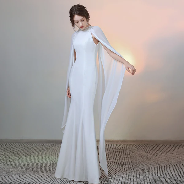 Simple Couleur Unie Ivoire Robe De Soirée 2020 Trompette / Sirène Encolure Dégagée Manches Longues Longue Robe De Ceremonie