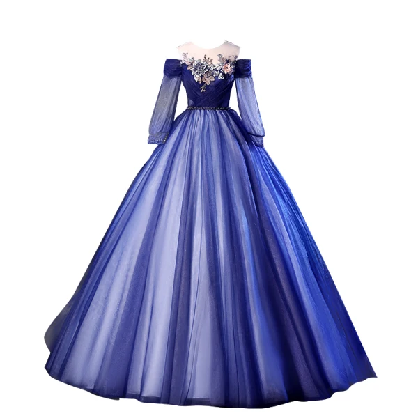 Elegant Navy Blue Prom Dresses 2020 Ball Gown Scoop Neck Beading Pearl Lace Flower 3/4 Sleeve Backless Floor-Length / Long Formal Dresses