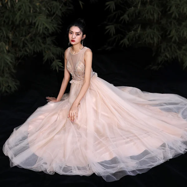 Elegant Gold Evening Dresses  2020 A-Line / Princess Scoop Neck Beading Rhinestone Sleeveless Floor-Length / Long Formal Dresses