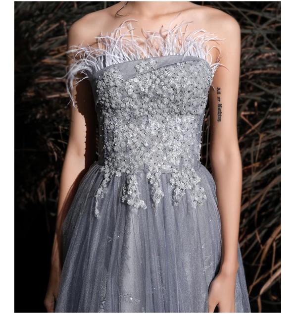 Charmant Gris Robe De Bal 2020 Princesse Bustier Gland En Dentelle Fleur Paillettes Sans Manches Dos Nu Longue Robe De Ceremonie