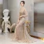 Haut de Gamme Doré Perlage Robe De Soirée 2020 Princesse Encolure Dégagée Faux Diamant Manches Longues Train De Balayage Robe De Ceremonie