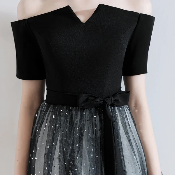 Fashion Black Homecoming Graduation Dresses 2020 A-Line / Princess Off-The-Shoulder Bow Star Sequins Short Sleeve Backless Knee-Length Formal Dresses