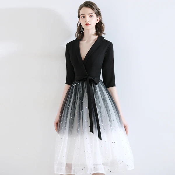 Chic / Beautiful Black Homecoming Graduation Dresses 2020 A-Line / Princess V-Neck Star Sequins Bow 1/2 Sleeves Knee-Length Formal Dresses