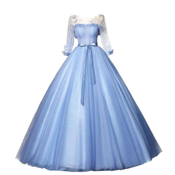 Flower Fairy Sky Blue Fairytale Prom Dresses 2020 Ball Gown Scoop Neck Appliques Rhinestone Lace Flower Bow 3/4 Sleeve Backless Floor-Length / Long