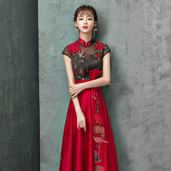 Style Chinois Rouge Robe De Soirée 2020 Princesse Col Haut Faux Diamant En Dentelle Fleur Noeud Mancherons Dos Nu Longue Robe De Ceremonie
