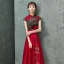 Style Chinois Rouge Robe De Soirée 2020 Princesse Col Haut Faux Diamant En Dentelle Fleur Noeud Mancherons Dos Nu Longue Robe De Ceremonie