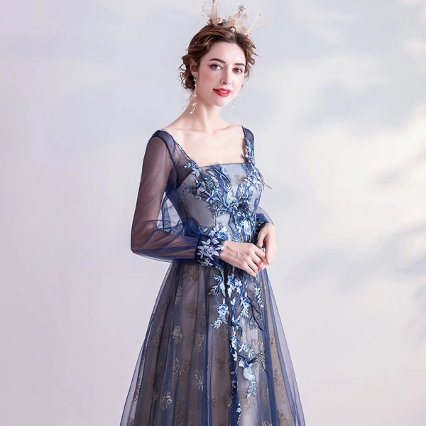 Vintage / Retro Navy Blue Prom Dresses 2020 A-Line / Princess Square Neckline Glitter Lace Flower Rhinestone Long Sleeve Backless Floor-Length / Long Formal Dresses