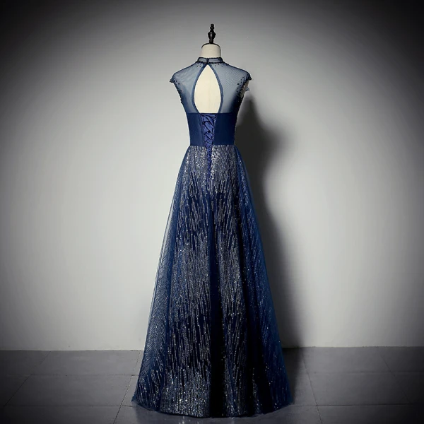 Glitzernden Marineblau Pailletten Abendkleider 2020 A Linie Stehkragen Strass Ärmellos Rückenfreies Lange Festliche Kleider