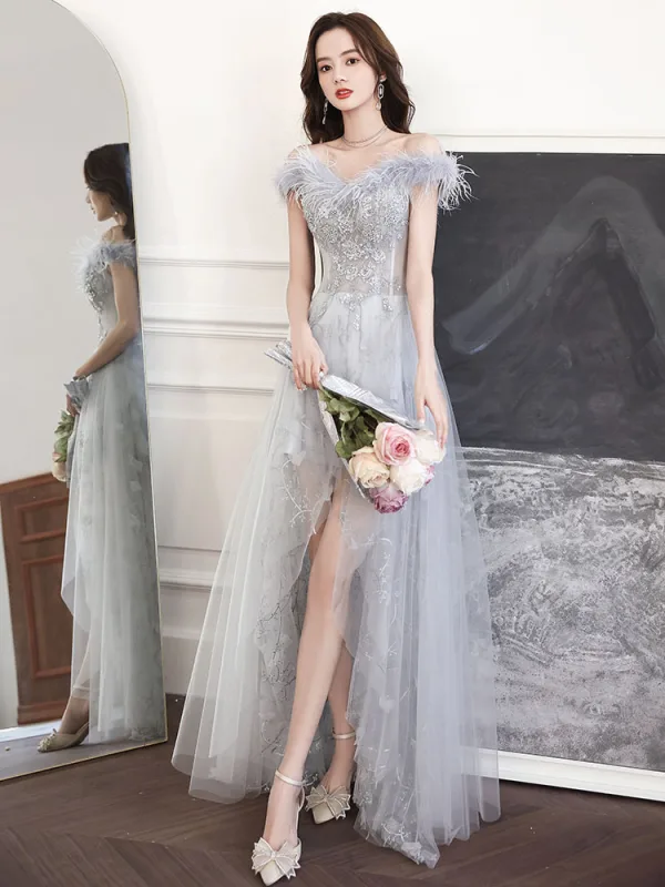 Sexy Grey Asymmetrical Tassel Prom Dresses 2021 A-Line / Princess Off-The-Shoulder Beading Sequins Lace Flower Sleeveless Formal Dresses