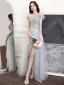 Sexy Grey Asymmetrical Tassel Prom Dresses 2021 A-Line / Princess Off-The-Shoulder Beading Sequins Lace Flower Sleeveless Formal Dresses