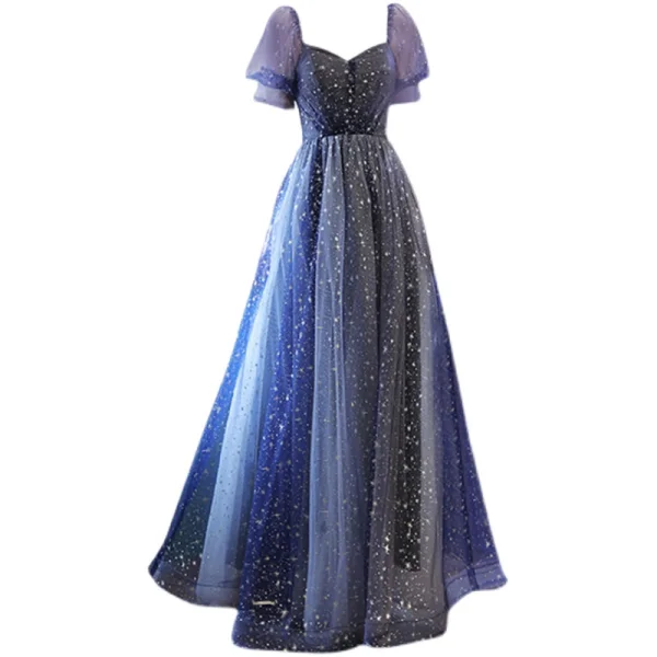 Fashion Ocean Blue Prom Dresses 2021 A-Line / Princess Square Neckline Rhinestone Sequins Short Sleeve Backless Bow Floor-Length / Long Formal Dresses