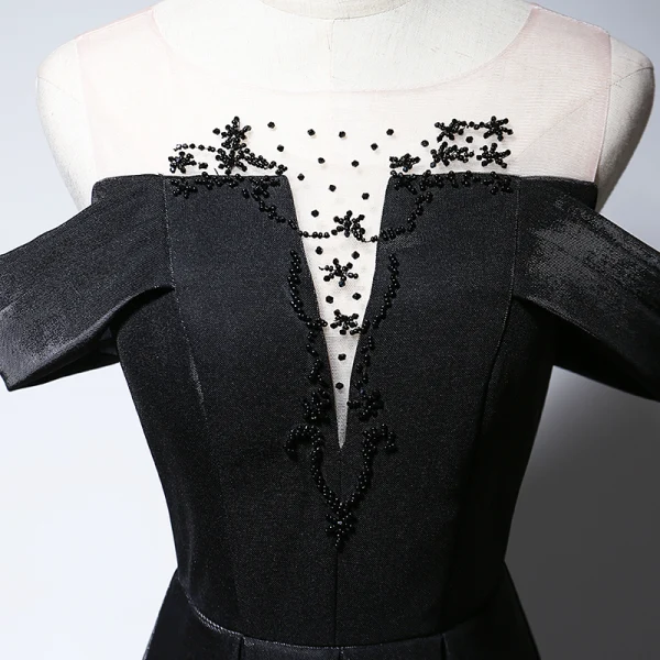 Elegant Black Evening Dresses 2020 A-Line / Princess Scoop Neck Beading Short Sleeve Backless Floor-Length / Long Formal Dresses