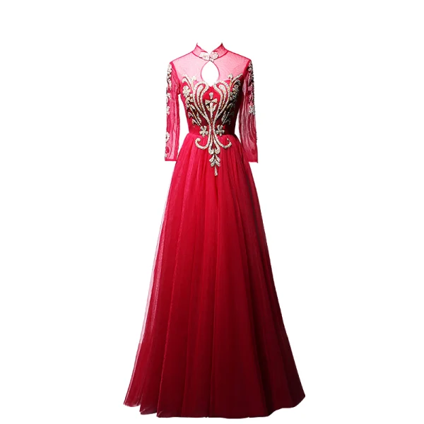 Chinese style Red Evening Dresses 2020 A-Line / Princess High Neck Beading Rhinestone Sequins Long Sleeve Floor-Length / Long Formal Dresses