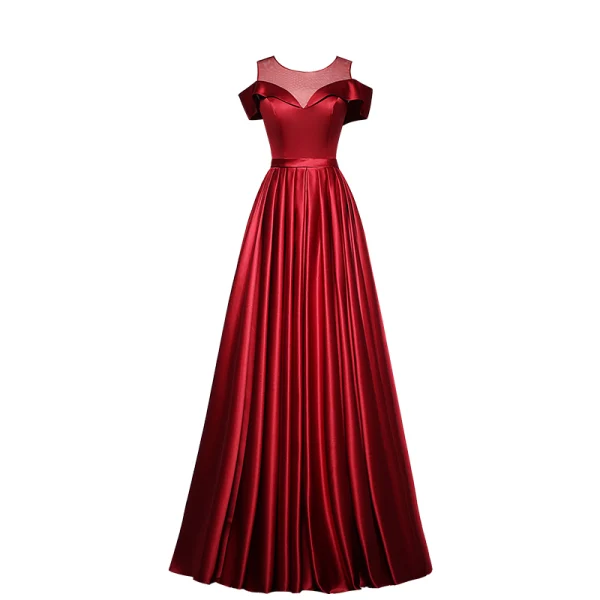 Elegant Solid Color Burgundy Evening Dresses  2020 A-Line / Princess Scoop Neck Short Sleeve Backless Floor-Length / Long Formal Dresses