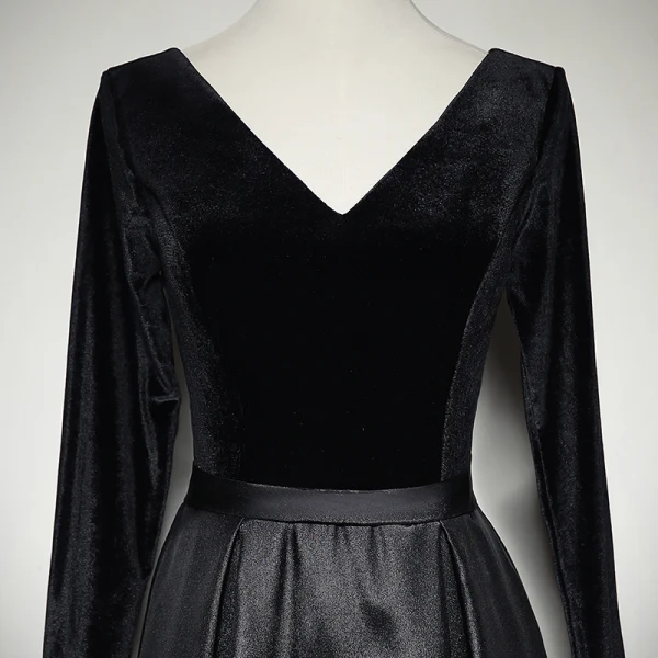 Modest / Simple Black Evening Dresses 2020 A-Line / Princess Suede V-Neck Long Sleeve Backless Floor-Length / Long Formal Dresses