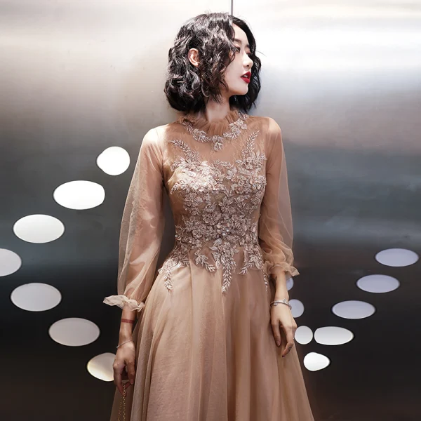 Elegant Champagne Evening Dresses 2020 A-Line / Princess High Neck Rhinestone Sequins Lace Flower Long Sleeve Backless Sweep Train Formal Dresses