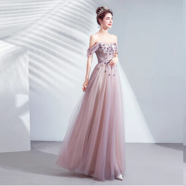 Schöne Violett Abendkleider 2020 A Linie Off Shoulder Perlenstickerei Applikationen Blumen Spitze Pailletten Ärmellos Rückenfreies Lange Festliche Kleider
