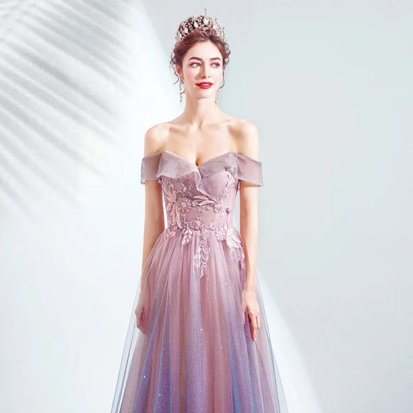 Charming Candy Pink Evening Dresses 2020 A-Line / Princess Off-The-Shoulder Glitter Tulle Beading Lace Flower Sleeveless Backless Floor-Length / Long Formal Dresses