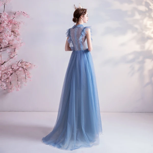 Vintage / Retro Sky Blue Evening Dresses 2020 A-Line / Princess High Neck Ruffle Lace Flower Sleeveless Floor-Length / Long Formal Dresses
