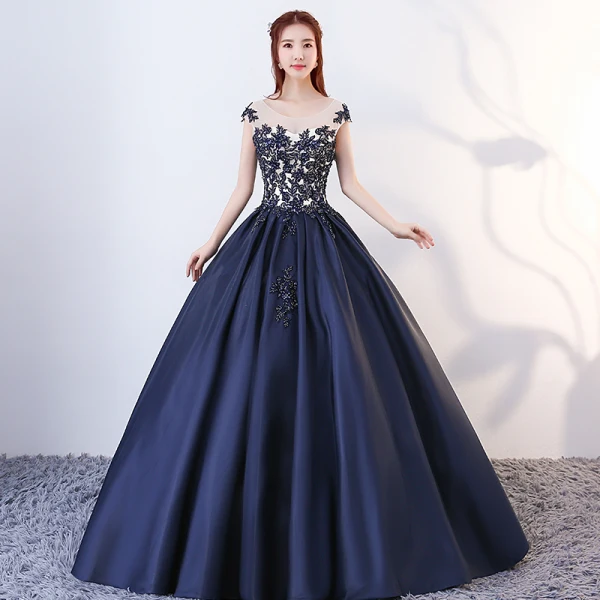 Vintage / Retro Navy Blue Quinceañera Prom Dresses 2018 Ball Gown Appliques Beading Scoop Neck Backless Sleeveless Floor-Length / Long Formal Dresses