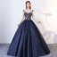 Vintage / Retro Navy Blue Quinceañera Prom Dresses 2018 Ball Gown Appliques Beading Scoop Neck Backless Sleeveless Floor-Length / Long Formal Dresses