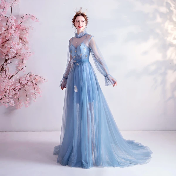 Vintage / Retro Sky Blue Evening Dresses 2020 A-Line / Princess High Neck Appliques Crystal Lace Flower Rhinestone Sequins Long Sleeve Backless Sweep Train Formal Dresses