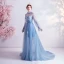 Vintage / Retro Sky Blue Evening Dresses  2020 A-Line / Princess High Neck Appliques Crystal Lace Flower Rhinestone Sequins Long Sleeve Backless Sweep Train Formal Dresses