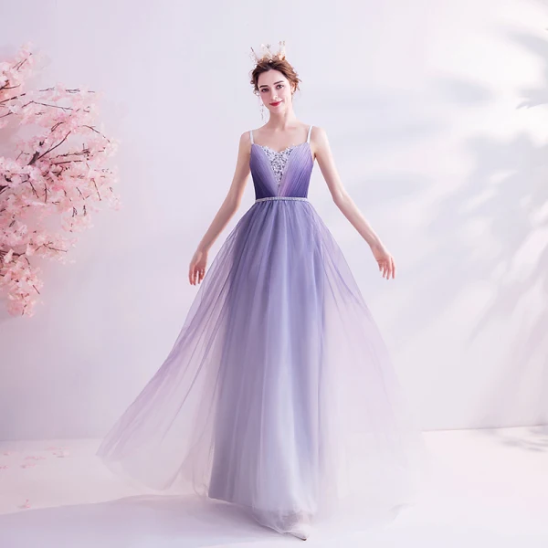 Charming Purple Evening Dresses 2020 A-Line / Princess Spaghetti Straps Beading Rhinestone Appliques Lace Flower Sleeveless Backless Floor-Length / Long Formal Dresses